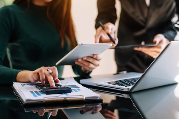 Business People Talking Discussing with financial document data